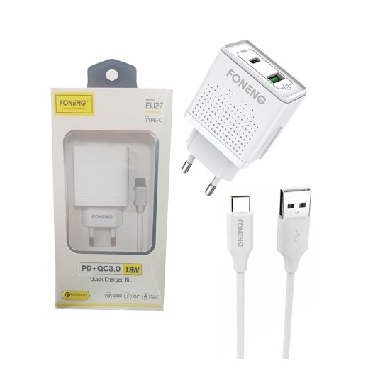 Carregador Rápido Foneng EU27 com cabo Tipo C Dual USB 18W Branco